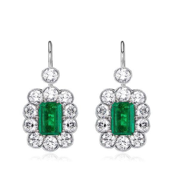 Art Deco Emerald Cut Drop Earrings - Sterling Silver Emerald Cluster Dangle Earrings