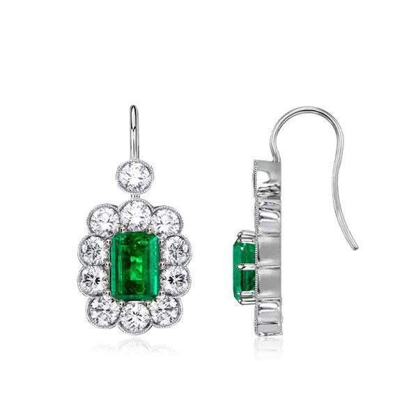 Art Deco Emerald Cut Drop Earrings - Sterling Silver Emerald Cluster Dangle Earrings