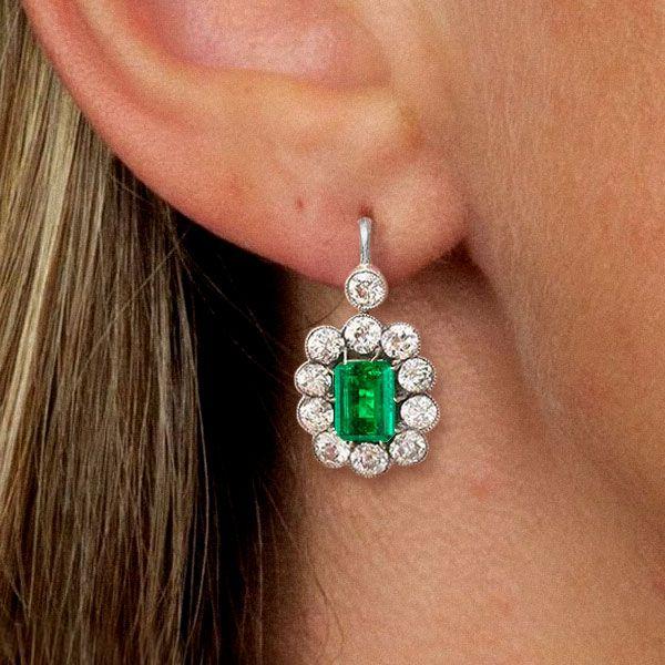 Art Deco Emerald Cut Drop Earrings - Sterling Silver Emerald Cluster Dangle Earrings