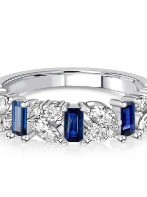 Blue Sapphire Half Eternity Band in Sterling Silver - Marquise & Baguette Cut