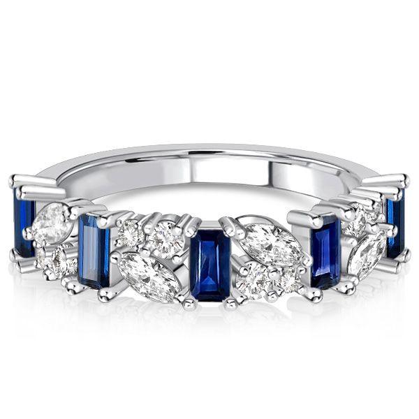 Blue Sapphire Half Eternity Band in Sterling Silver - Marquise & Baguette Cut