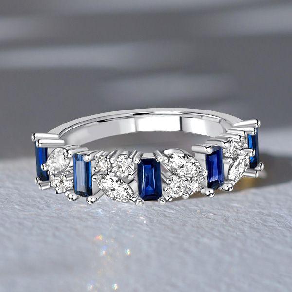 Blue Sapphire Half Eternity Band in Sterling Silver - Marquise & Baguette Cut