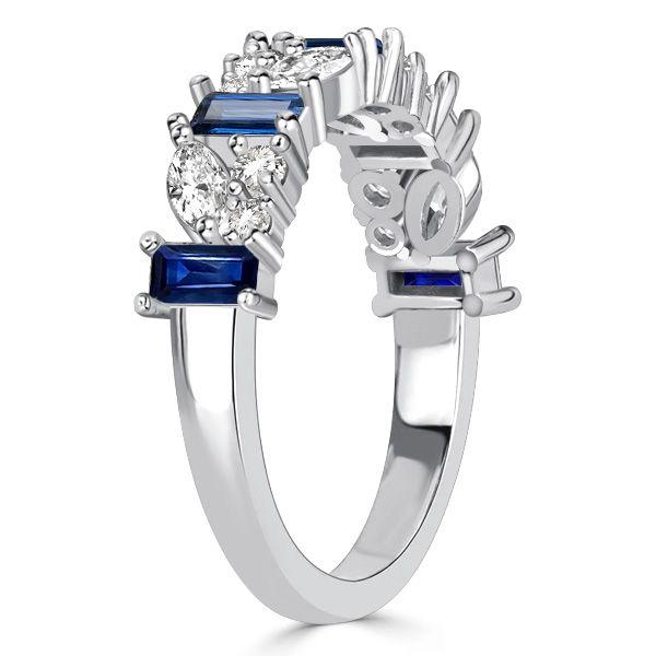 Blue Sapphire Half Eternity Band in Sterling Silver - Marquise & Baguette Cut