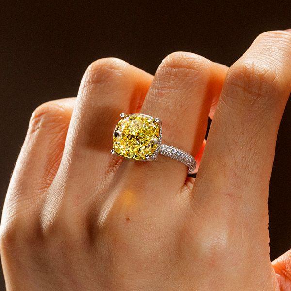 Cushion Cut Yellow Topaz Engagement Ring with Hidden Halo - Sterling Silver