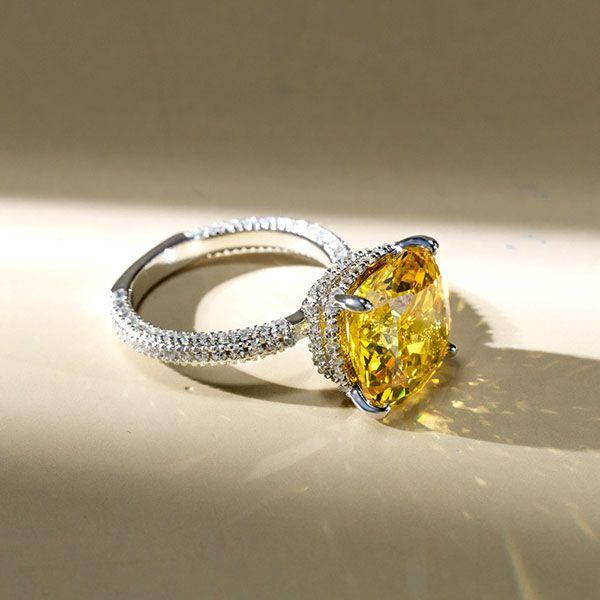 Cushion Cut Yellow Topaz Engagement Ring with Hidden Halo - Sterling Silver
