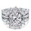 Sunflower Sterling Silver Bridal Ring Set | Round Cut Halo Engagement Ring