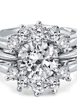Sunflower Sterling Silver Bridal Ring Set | Round Cut Halo Engagement Ring