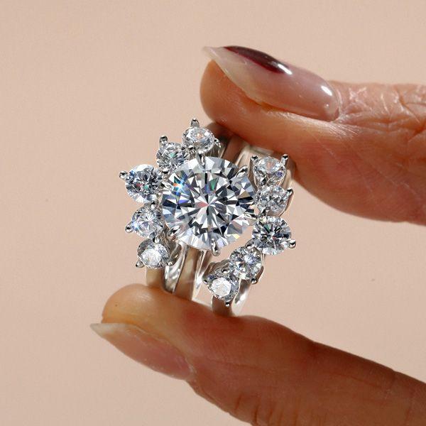 Sunflower Sterling Silver Bridal Ring Set | Round Cut Halo Engagement Ring