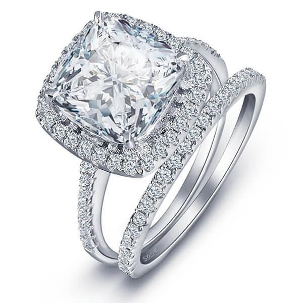 Halo Cushion Created White Sapphire Bridal Set - 925 Sterling Silver (5.86 CT. TW.)