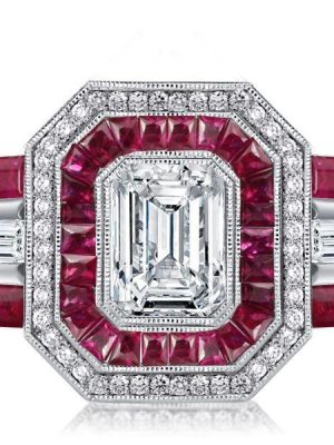 Emerald Cut Art Deco Engagement Ring - Milgrain Halo, Sterling Silver