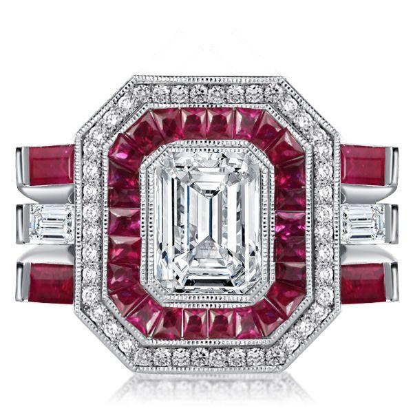 Emerald Cut Art Deco Engagement Ring - Milgrain Halo, Sterling Silver