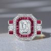 Emerald Cut Art Deco Engagement Ring - Milgrain Halo, Sterling Silver