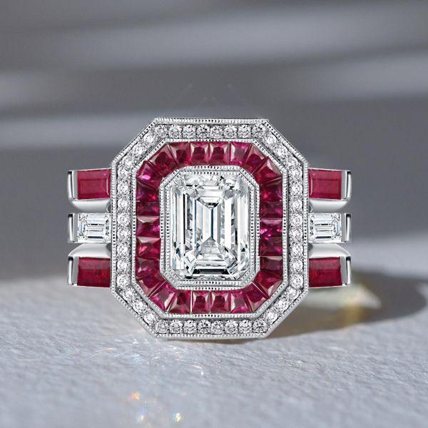 Emerald Cut Art Deco Engagement Ring - Milgrain Halo, Sterling Silver