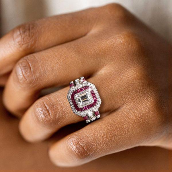 Emerald Cut Art Deco Engagement Ring - Milgrain Halo, Sterling Silver