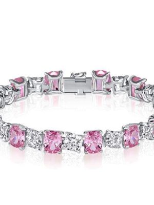 Cushion Cut White and Pink Stone Sterling Silver Bracelet for Weddings