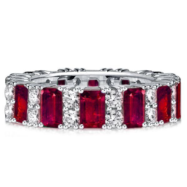 Emerald Cut Ruby Ring - Sterling Silver Wedding Band Station Ring