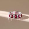 Emerald Cut Ruby Ring - Sterling Silver Wedding Band Station Ring