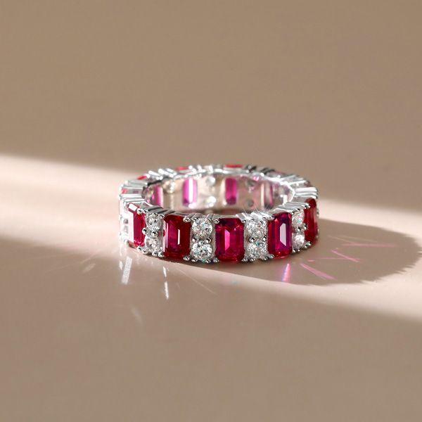 Emerald Cut Ruby Ring - Sterling Silver Wedding Band Station Ring