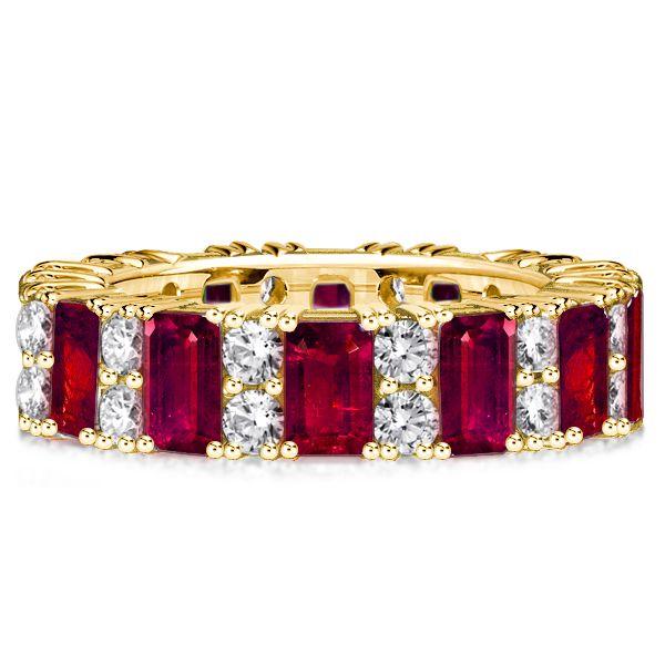 Emerald Cut Ruby Ring - Sterling Silver Wedding Band Station Ring