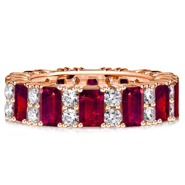 Emerald Cut Ruby Ring - Sterling Silver Wedding Band Station Ring