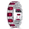 Emerald Cut Ruby Ring - Sterling Silver Wedding Band Station Ring