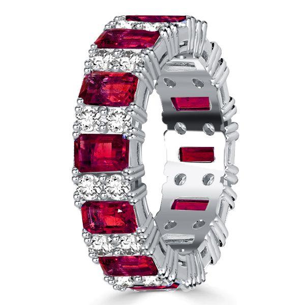 Emerald Cut Ruby Ring - Sterling Silver Wedding Band Station Ring