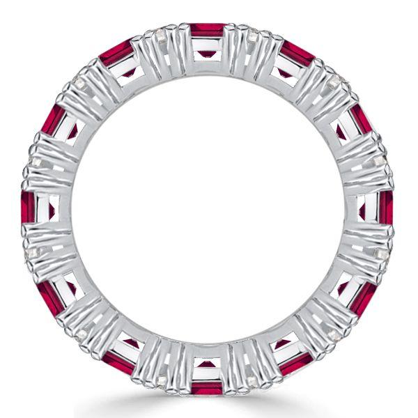 Emerald Cut Ruby Ring - Sterling Silver Wedding Band Station Ring