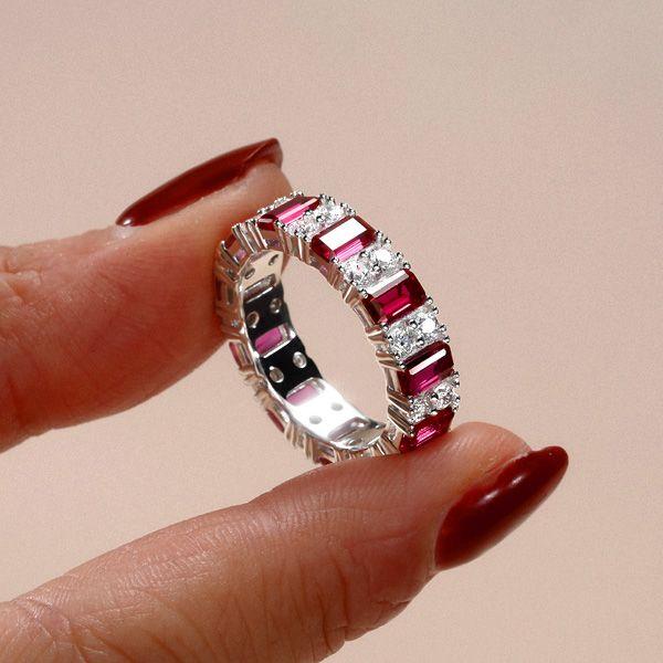 Emerald Cut Ruby Ring - Sterling Silver Wedding Band Station Ring