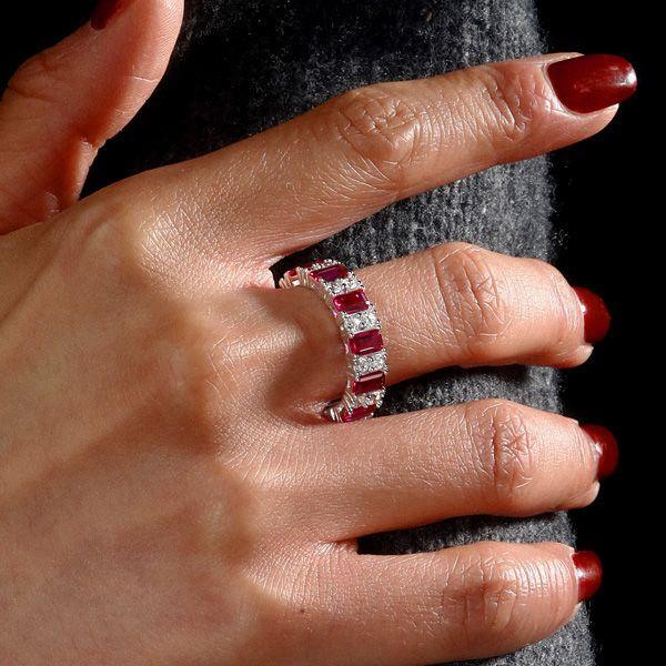 Emerald Cut Ruby Ring - Sterling Silver Wedding Band Station Ring