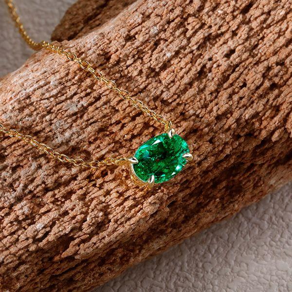 Golden Oval Emerald Solitaire Necklace - 18K Gold Plated Sterling Silver