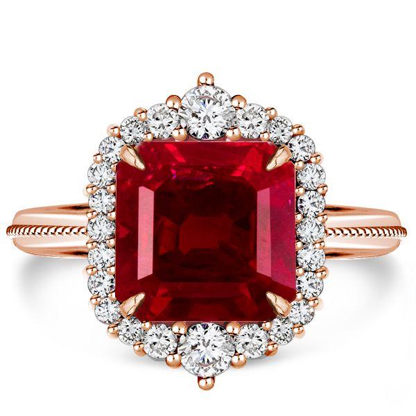 Rose Gold Halo Asscher Cut Ruby Engagement Ring - 5.62 CT Center Stone