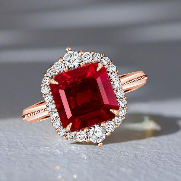 Rose Gold Halo Asscher Cut Ruby Engagement Ring - 5.62 CT Center Stone