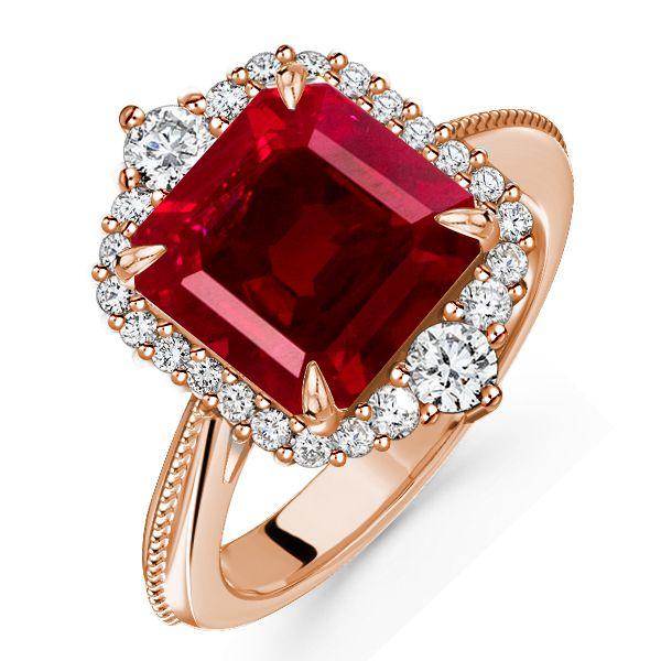 Rose Gold Halo Asscher Cut Ruby Engagement Ring - 5.62 CT Center Stone