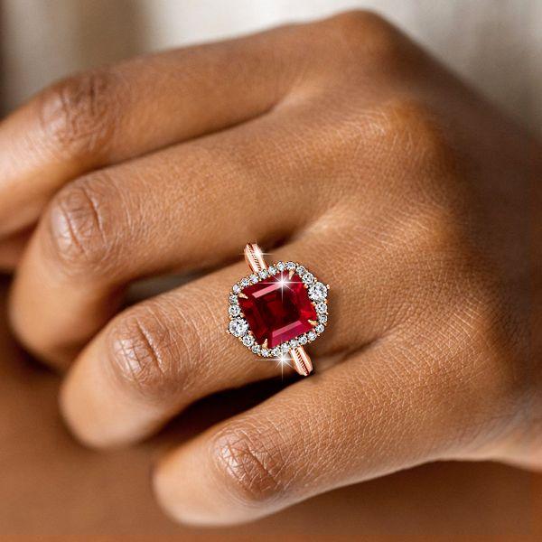 Rose Gold Halo Asscher Cut Ruby Engagement Ring - 5.62 CT Center Stone