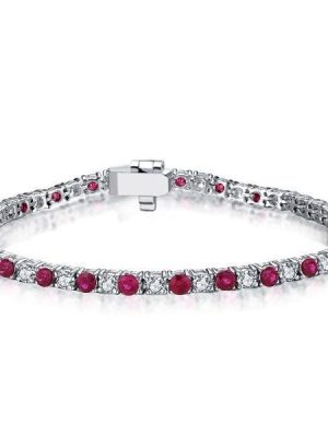 925 Sterling Silver Round Cut White and Ruby Tennis Bracelet for Women