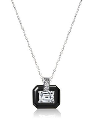 Emerald Cut White Sapphire Pendant Necklace in Rhodium-Plated Sterling Silver