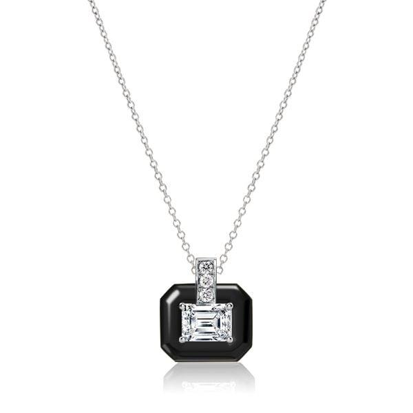Emerald Cut White Sapphire Pendant Necklace in Rhodium-Plated Sterling Silver