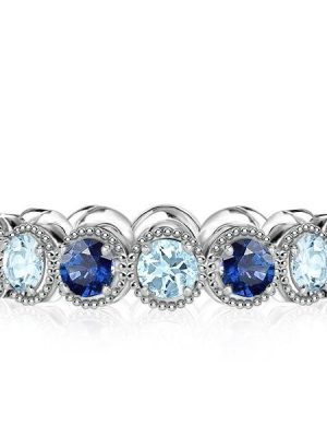Aquamarine & Blue Sapphire Milgrain Eternity Band - Sterling Silver
