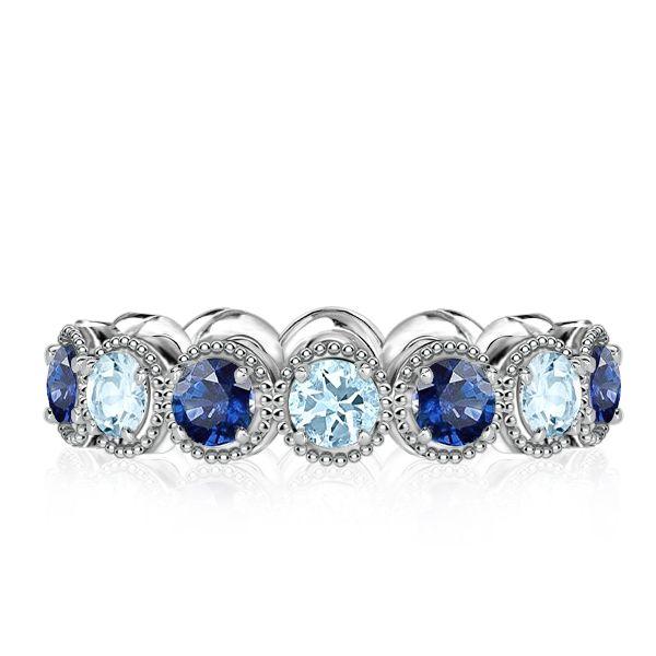 Aquamarine & Blue Sapphire Milgrain Eternity Band - Sterling Silver