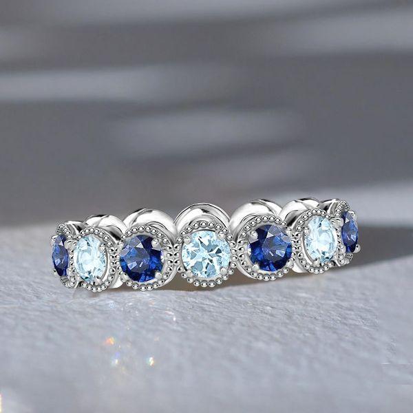 Aquamarine & Blue Sapphire Milgrain Eternity Band - Sterling Silver