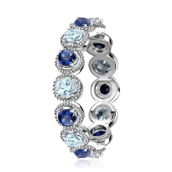 Aquamarine & Blue Sapphire Milgrain Eternity Band - Sterling Silver