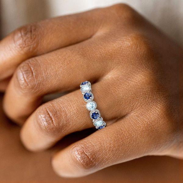 Aquamarine & Blue Sapphire Milgrain Eternity Band - Sterling Silver
