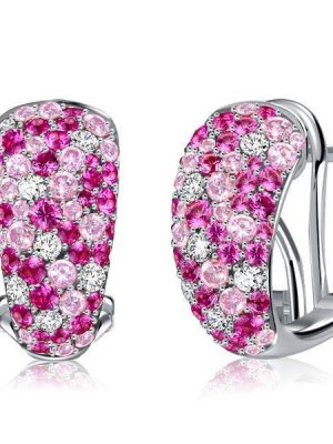 Pink Pave Hoop Earrings for Women - Sterling Silver Omega Back