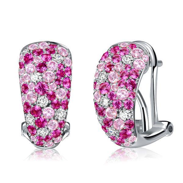 Pink Pave Hoop Earrings for Women - Sterling Silver Omega Back