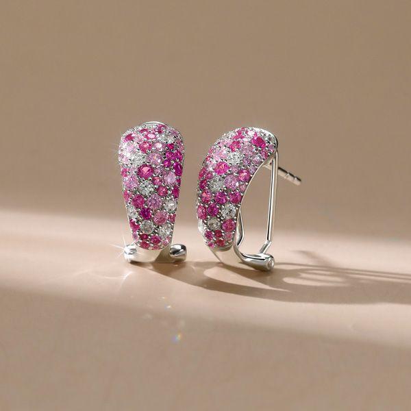 Pink Pave Hoop Earrings for Women - Sterling Silver Omega Back