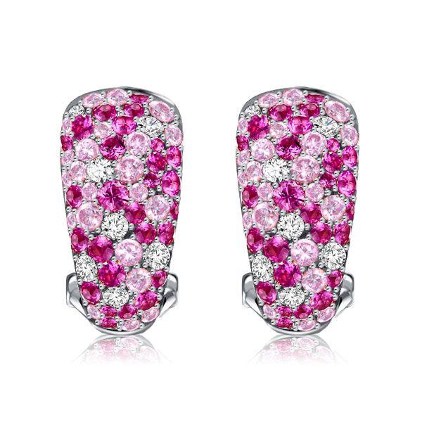 Pink Pave Hoop Earrings for Women - Sterling Silver Omega Back