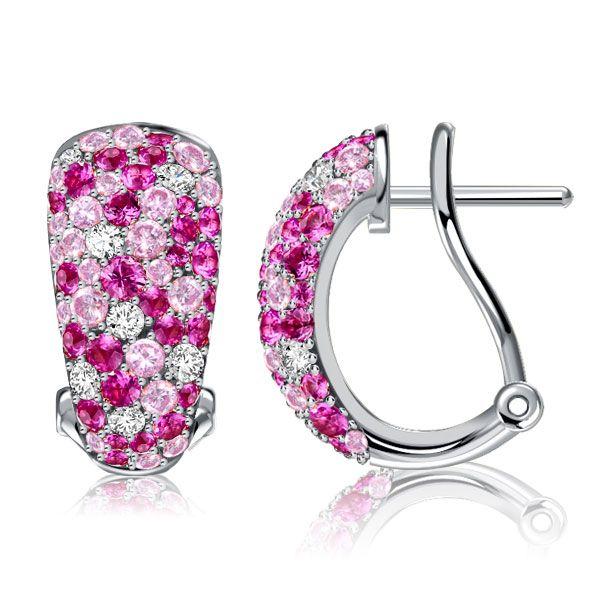 Pink Pave Hoop Earrings for Women - Sterling Silver Omega Back