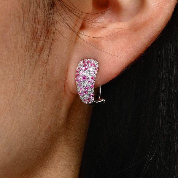 Pink Pave Hoop Earrings for Women - Sterling Silver Omega Back