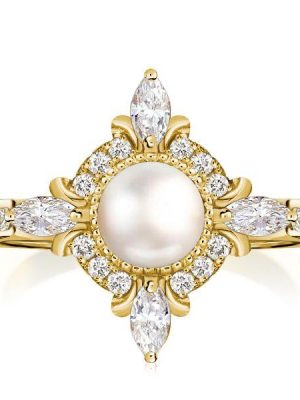 Halo Pearl Engagement Ring - Sterling Silver & 18K Gold Plated