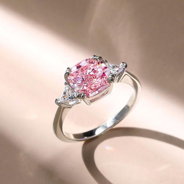 Pink Cushion Cut Three Stone Engagement Ring - 925 Sterling Silver
